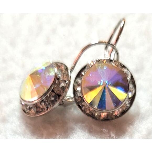 Crystal AB Round Earrings Silvertone Leverback Ear Wires Rainbow Iridescent - Picture 5 of 6